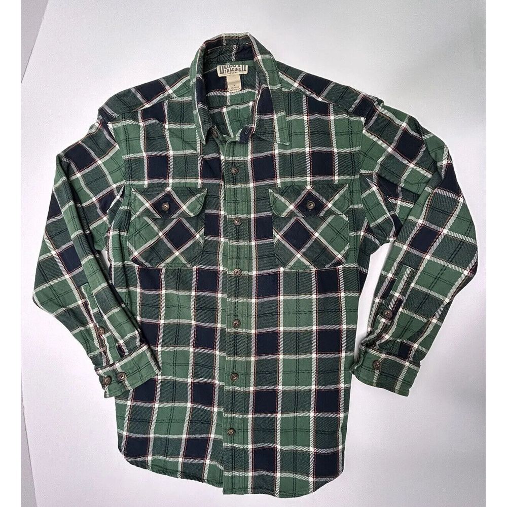 Duluth Trading Co. Button Up Shirt Mens Large Long Sleeve Plaid Green Blue Flaws